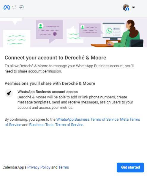 Get started with connecting whatsapp with the calendarapp by clicking on get started