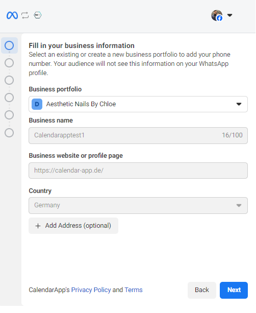 Input your business name to create a whatsapp business profile