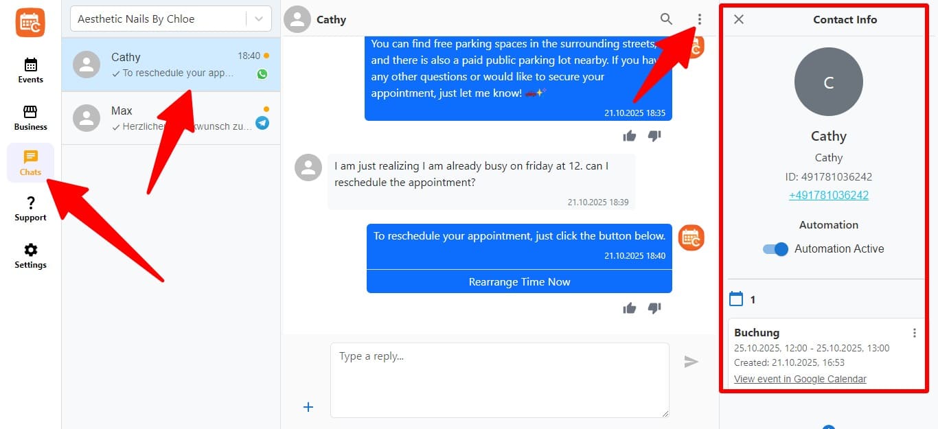 Navigate to chats select the chat click the menu to view contact information