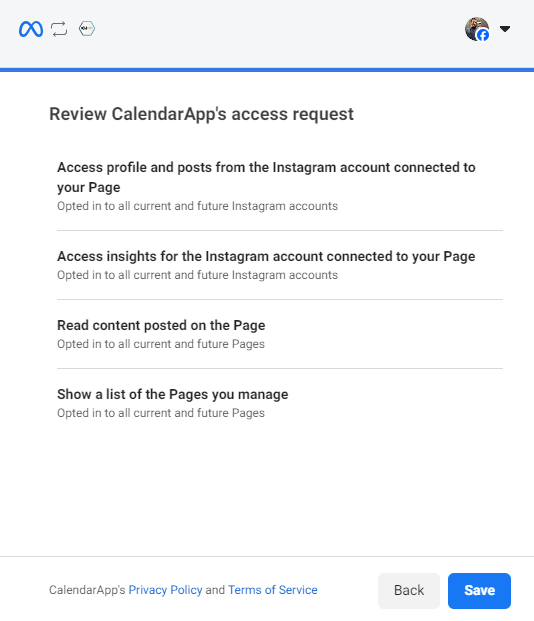 Review the permissions you grant the calendarapp for instagram and click save