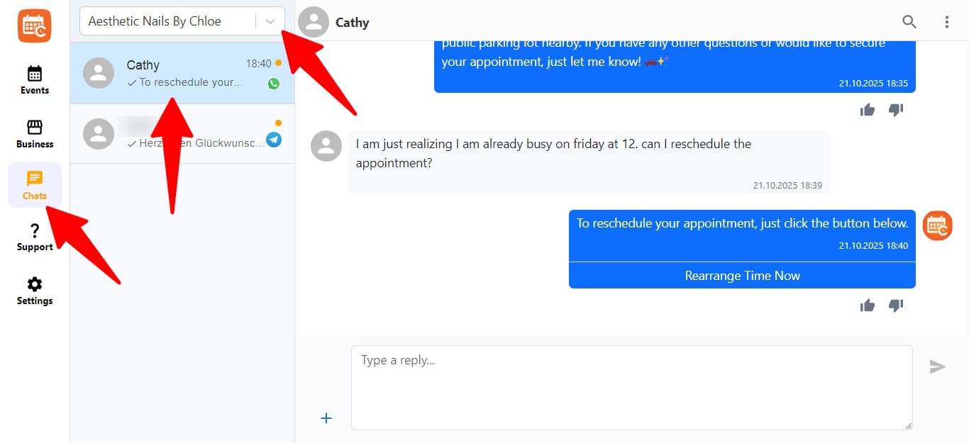 Select chats select your business and the contact you want to chat with