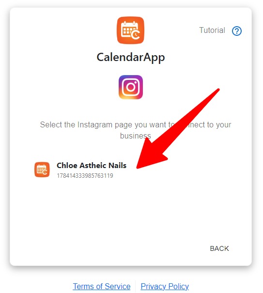 Select your instagram page from the list of the pages you manage