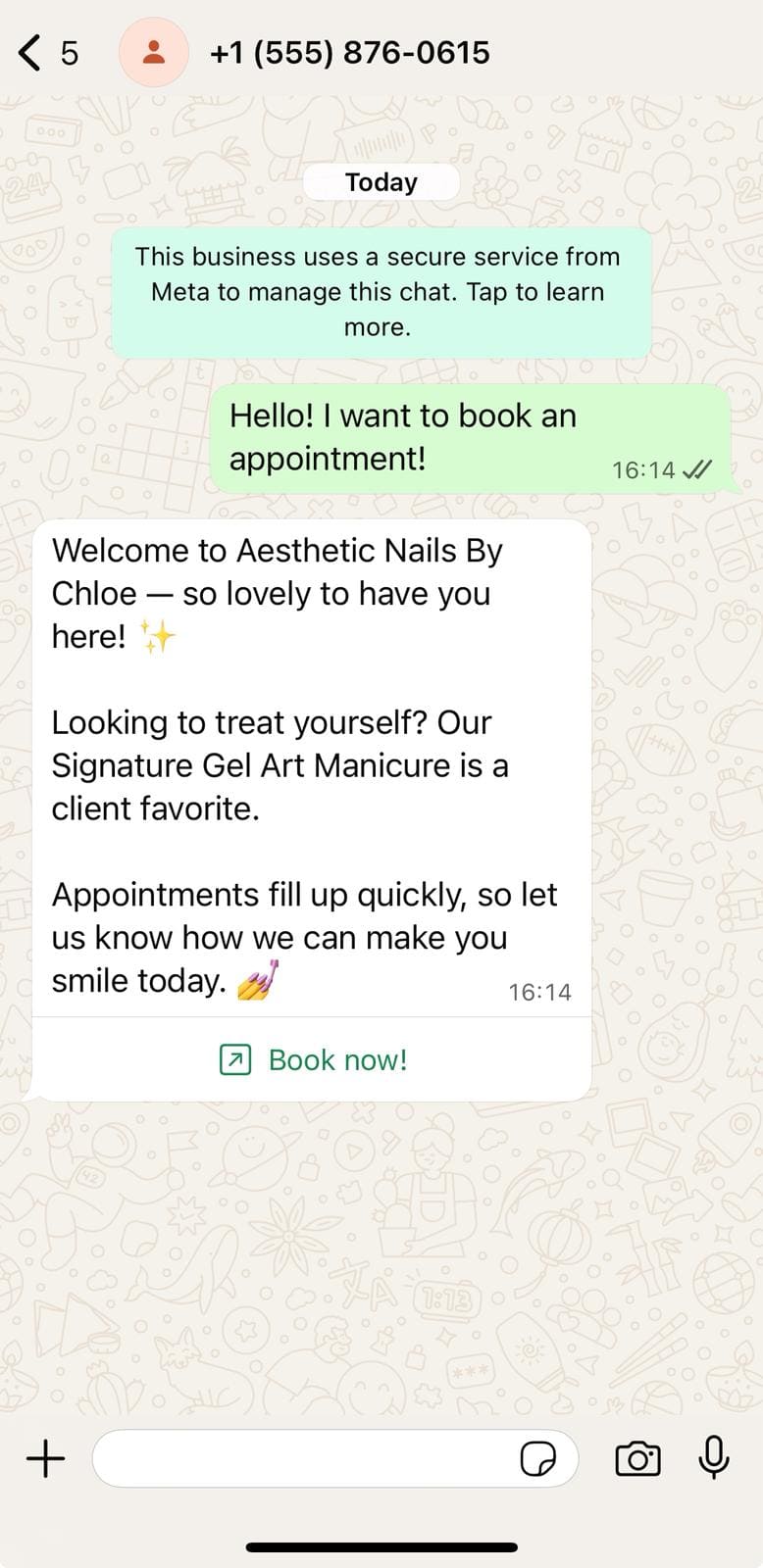 Welcome message sent to the user on whatsapp