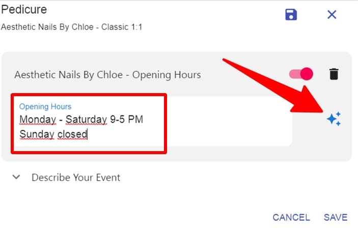 Write your opening hours and click on the icon to create them in the selected calendar