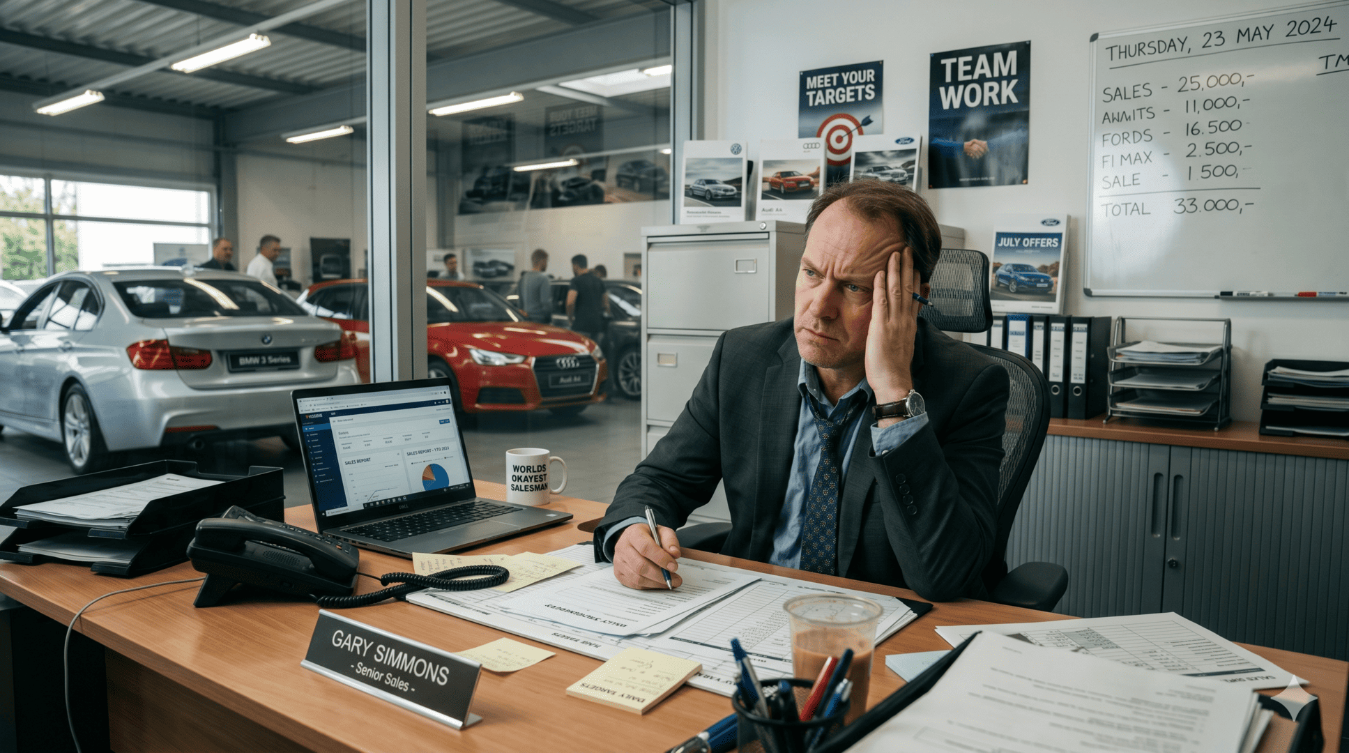 An image of Gary Simmons, a senior car salesman, looking frustrated and questioning while sitting at his desk in a dealership office.